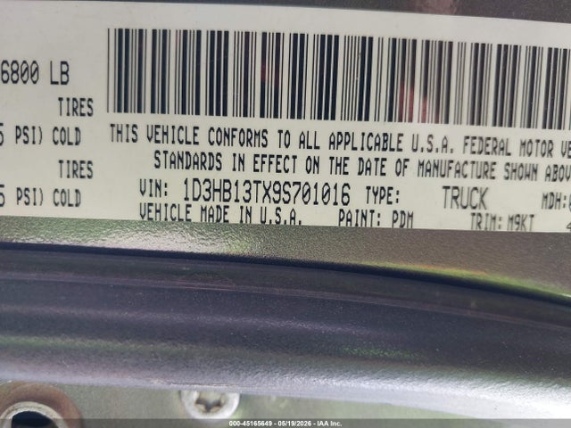 45165649 :رقم المزاد ، 1D3HB13TX9S701016 vin ، 2009 Dodge Ram 1500 Slt/sport/trx مزاد بيع