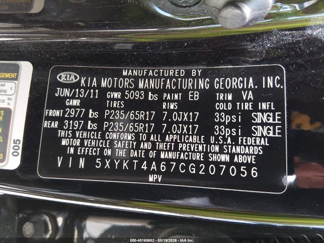45165652 :رقم المزاد ، 5XYKT4A67CG207056 vin ، 2012 Kia Sorento Lx مزاد بيع