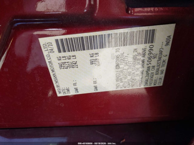 2010 Nissan Altima 2.5 S მანქანა იყიდება აუქციონზე, vin: 1N4AL2AP9AN506990, აუქციონის ნომერი: 45165658