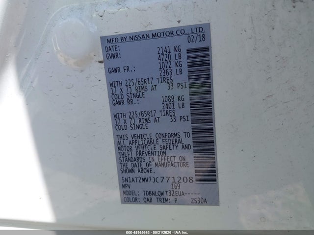 Продажа на аукционе авто 2018 Nissan Rogue Sv, vin: 5N1AT2MV7JC771208, номер лота: 45165663
