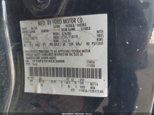 Aukcja sprzedaży 2008 Ford F-250 Xl/xlt, vin: 1FTNF21518EE30998, numer aukcji: 45165670