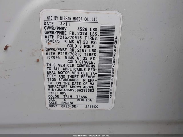 Продажа на аукционе авто 2011 Nissan Rogue S, vin: JN8AS5MV5BW298583, номер лота: 45165671