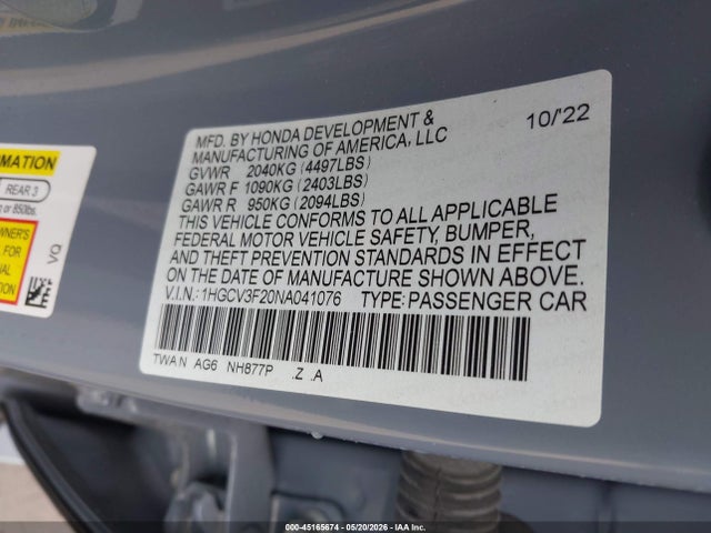 Aukcja sprzedaży 2022 Honda Accord Hybrid Sport, vin: 1HGCV3F20NA041076, numer aukcji: 45165674