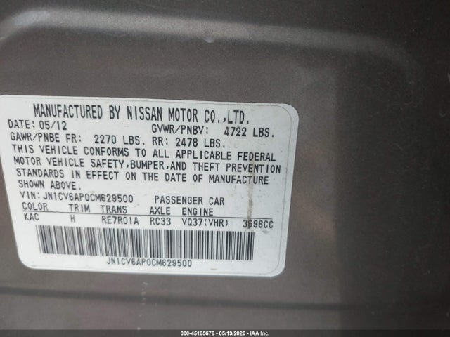 Aukcja sprzedaży 2012 Infiniti G37 Journey, vin: JN1CV6AP0CM629500, numer aukcji: 45165676