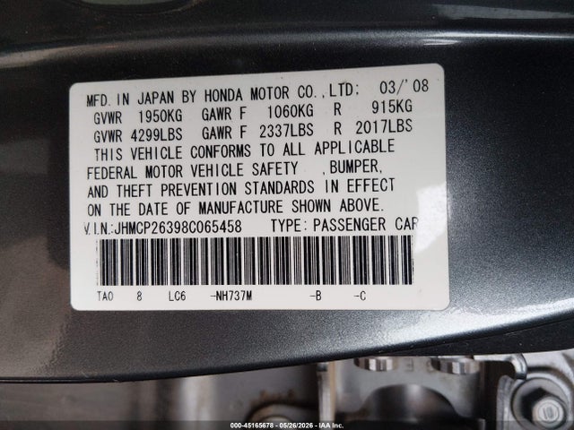 45165678 :رقم المزاد ، JHMCP26398C065458 vin ، 2008 Honda Accord 2.4 Lx مزاد بيع