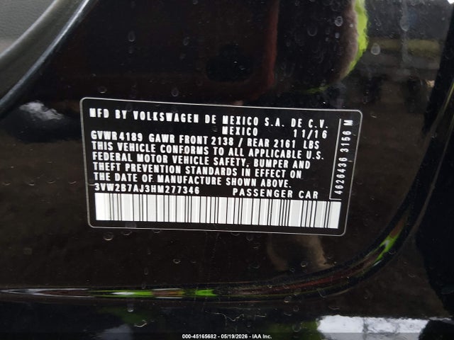 Aukcja sprzedaży 2017 Volkswagen Jetta 1.4t S, vin: 3VW2B7AJ3HM277346, numer aukcji: 45165682