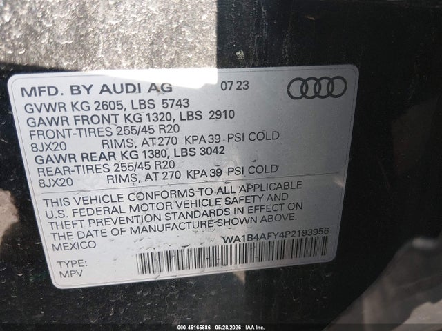 45165686 :رقم المزاد ، WA1B4AFY4P2193956 vin ، 2023 Audi Sq5 Premium Plus Tfsi Quattro Tiptronic مزاد بيع