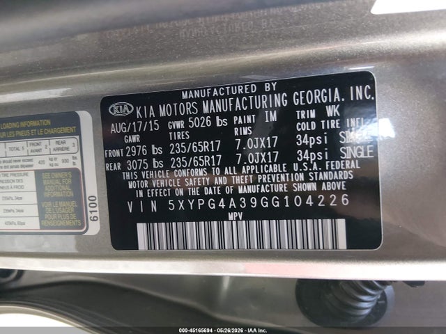KIA Sorento 2.4l Lx 2016 5XYPG4A39GG104226 Image 9