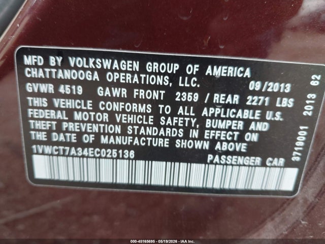 Продаж на аукціоні авто 2014 Volkswagen Passat 1.8t Sel Premium, vin: 1VWCT7A34EC025136, номер лоту: 45165695