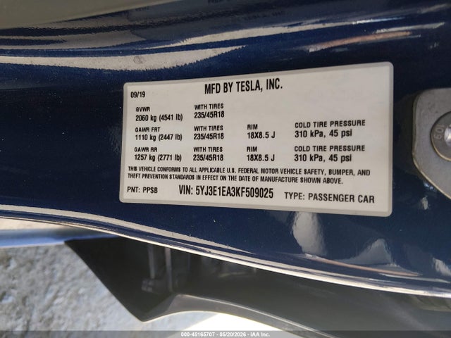 Продажа на аукционе авто 2019 Tesla Model 3 Long Range/mid Range/standard Range/standard Range Plus, vin: 5YJ3E1EA3KF509025, номер лота: 45165707