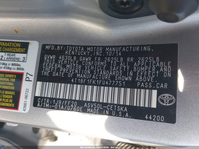 Aukcja sprzedaży 2015 Toyota Camry Se, vin: 4T1BF1FK1FU477751, numer aukcji: 45165720