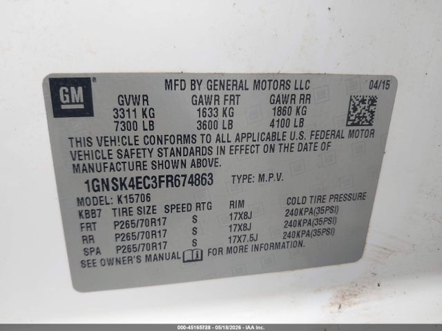 Aukcja sprzedaży 2015 Chevrolet Tahoe Commercial Fleet, vin: 1GNSK4EC3FR674863, numer aukcji: 45165728