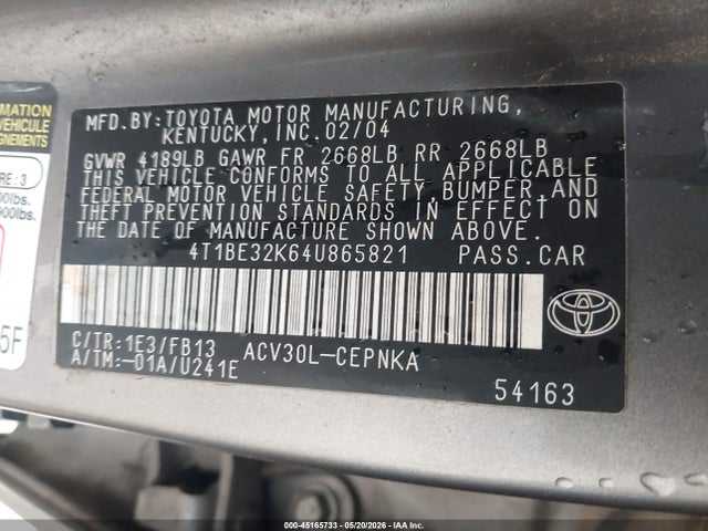 Aukcja sprzedaży 2004 Toyota Camry Le, vin: 4T1BE32K64U865821, numer aukcji: 45165733