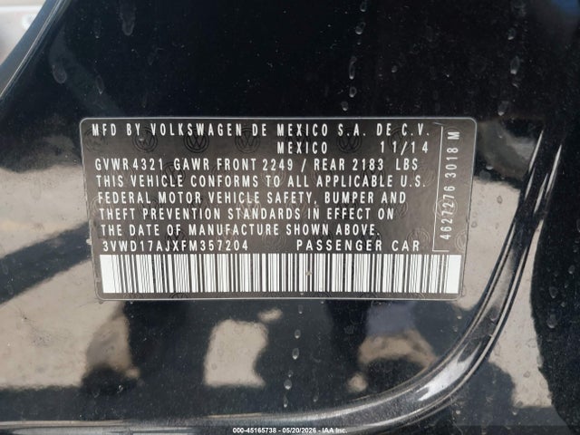 Aukcja sprzedaży 2015 Volkswagen Jetta 1.8t Se, vin: 3VWD17AJXFM357204, numer aukcji: 45165738