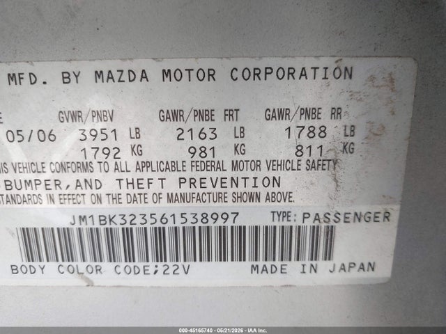 Auction sale of the 2006 Mazda Mazda3 S Touring, vin: JM1BK323561538997, lot number: 45165740