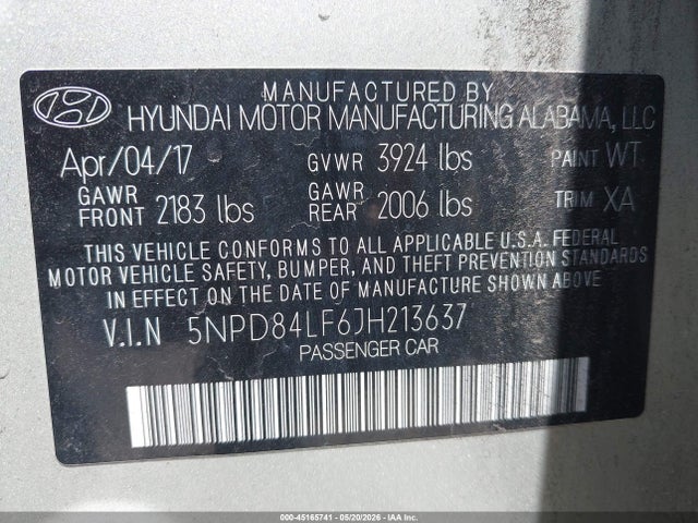 Продаж на аукціоні авто 2018 Hyundai Elantra Sel, vin: 5NPD84LF6JH213637, номер лоту: 45165741