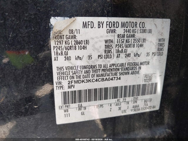 Aukcja sprzedaży 2012 Ford Edge Limited, vin: 2FMDK3KC4CBA04734, numer aukcji: 45165742