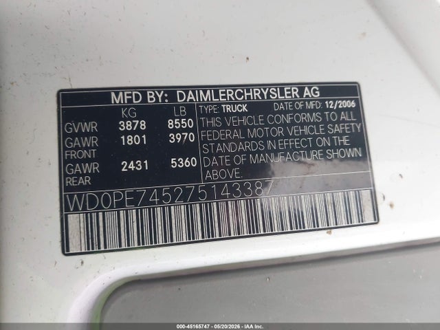 Auction sale of the 2007 Dodge Sprinter Van 2500, vin: WD0PE745275143387, lot number: 45165747