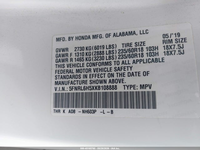 Honda ODYSSEY EX 2019 5FNRL6H5XKB108888 Image 9