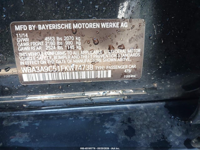 2015 Bmw 335i მანქანა იყიდება აუქციონზე, vin: WBA3A9C51FKW74738, აუქციონის ნომერი: 45165776