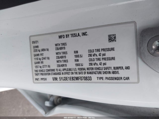Tesla Model 3 Long Range 2021 5YJ3E1EB2MF070833 Image 9