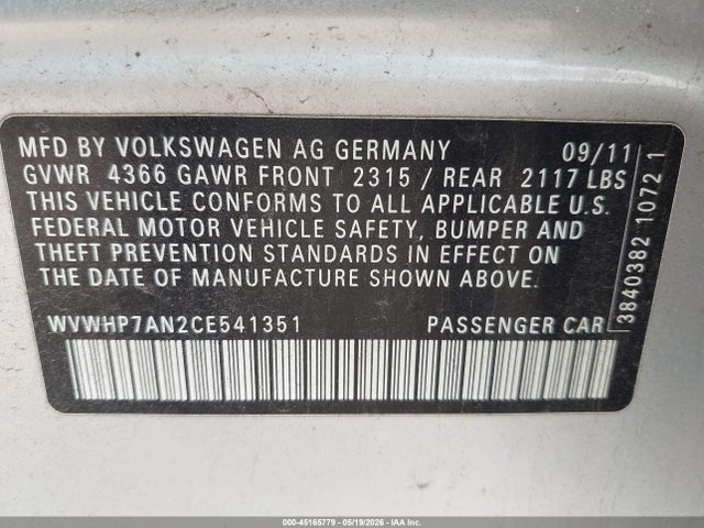 Продажа на аукционе авто 2012 Volkswagen Cc Lux Plus, vin: WVWHP7AN2CE541351, номер лота: 45165779