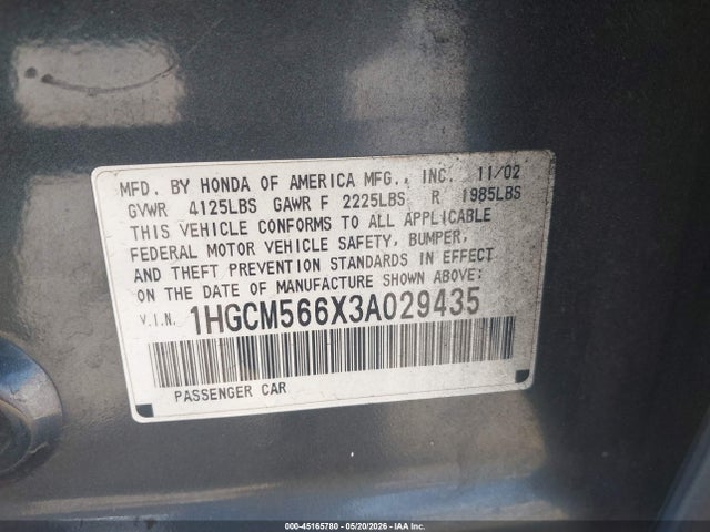 Продаж на аукціоні авто 2003 Honda Accord 2.4 Ex, vin: 1HGCM566X3A029435, номер лоту: 45165780