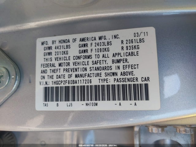 Продаж на аукціоні авто 2011 Honda Accord 2.4 Ex-l, vin: 1HGCP2F80BA117206, номер лоту: 45165789
