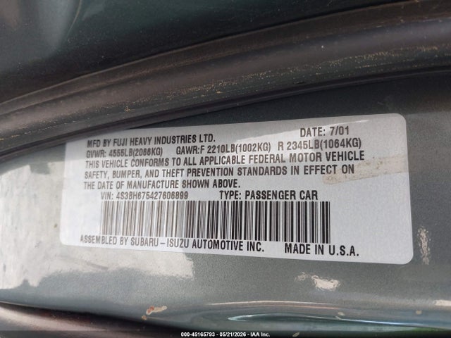 45165793 :رقم المزاد ، 4S3BH675427606899 vin ، 2002 Subaru Outback مزاد بيع