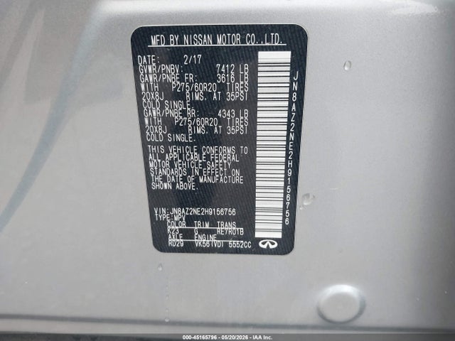 Aukcja sprzedaży 2017 Infiniti Qx80, vin: JN8AZ2NE2H9156756, numer aukcji: 45165796
