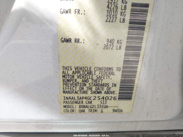 Auction sale of the 2016 Nissan Altima 2.5/2.5 S/2.5 Sl/2.5 Sr/2.5 Sv, vin: 1N4AL3AP4GC254026, lot number: 45165848
