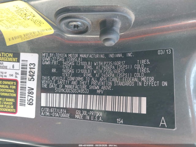 45165850 :رقم المزاد ، 5TDYK3DC5DS349533 vin ، 2013 Toyota Sienna Xle V6 8 Passenger مزاد بيع