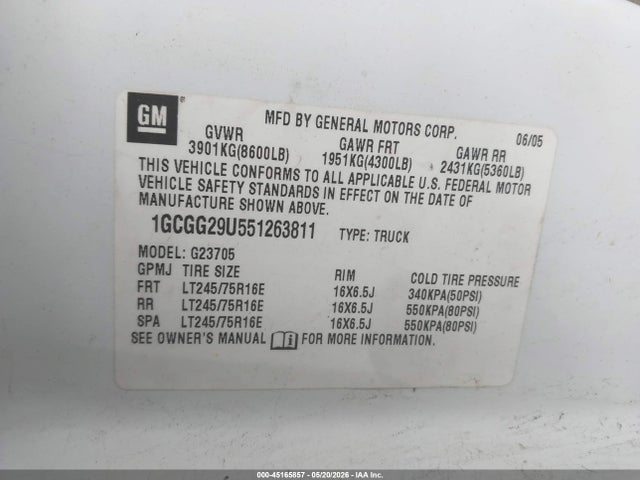 2005 Chevrolet Express მანქანა იყიდება აუქციონზე, vin: 1GCGG29U551263811, აუქციონის ნომერი: 45165857