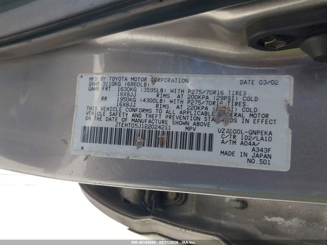 2002 Toyota Land Cruiser მანქანა იყიდება აუქციონზე, vin: JTEHT05J122024211, აუქციონის ნომერი: 45165858