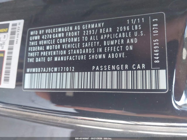 Auction sale of the 2012 Volkswagen Golf 2.5l 2-door, vin: WVWBB7AJ9CW171012, lot number: 45165867