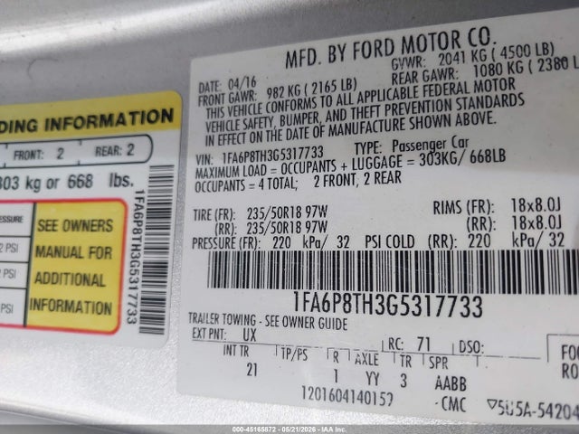 45165872 :رقم المزاد ، 1FA6P8TH3G5317733 vin ، 2016 Ford Mustang Ecoboost مزاد بيع
