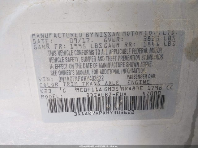 Aukcja sprzedaży 2017 Nissan Sentra S, vin: 3N1AB7APXHY403622, numer aukcji: 45165877