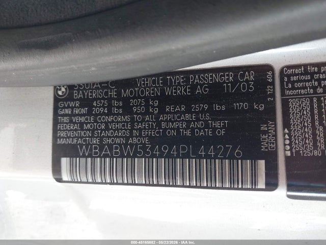 45165882 :رقم المزاد ، WBABW53494PL44276 vin ، 2004 Bmw 330ci مزاد بيع