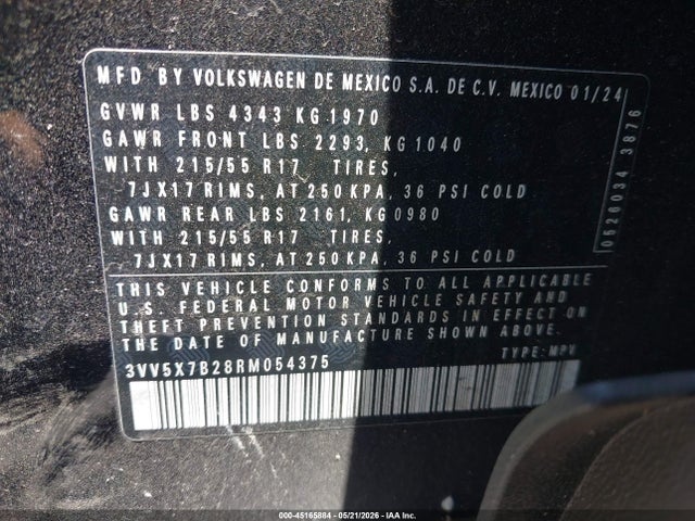 2024 Volkswagen Taos 1.5t S მანქანა იყიდება აუქციონზე, vin: 3VV5X7B28RM054375, აუქციონის ნომერი: 45165884
