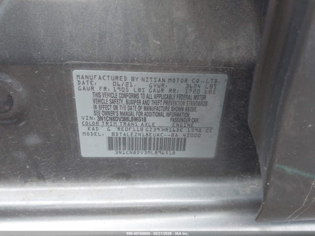 45165888 :رقم المزاد ، 3N1CN8DV3ML896518 vin ، 2021 Nissan Versa S Xtronic Cvt مزاد بيع