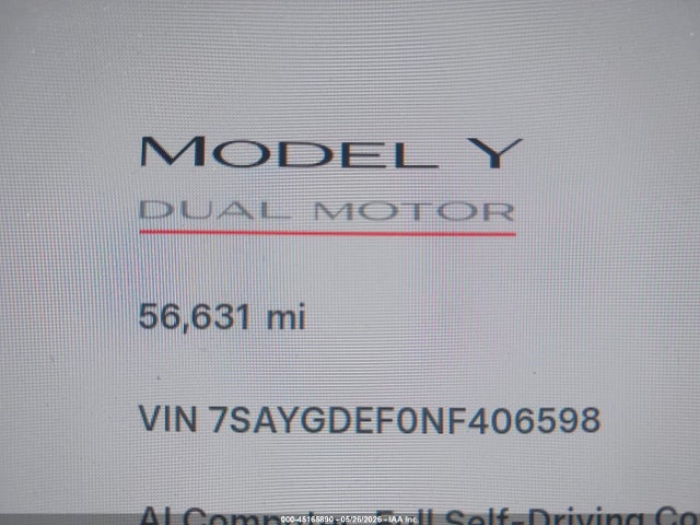 Aukcja sprzedaży 2022 Tesla Model Y Performance Dual Motor All-wheel Drive, vin: 7SAYGDEF0NF406598, numer aukcji: 45165890