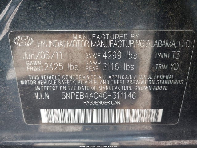 45165896 :رقم المزاد ، 5NPEB4AC4CH311146 vin ، 2012 Hyundai Sonata Gls مزاد بيع
