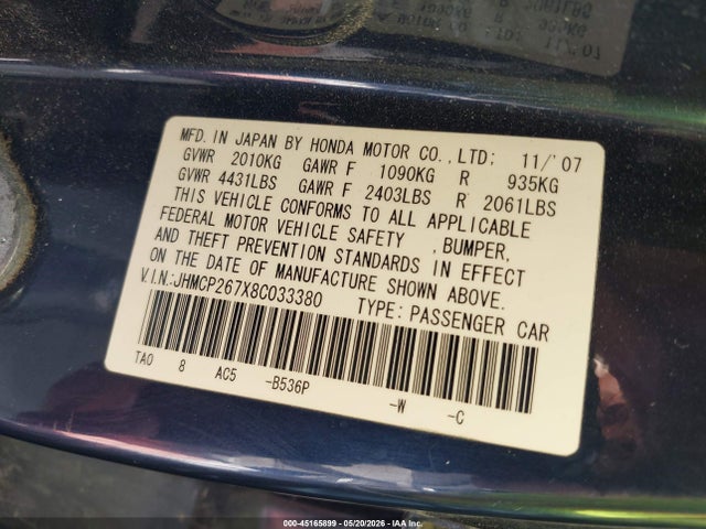 Продаж на аукціоні авто 2008 Honda Accord 2.4 Ex, vin: JHMCP267X8C033380, номер лоту: 45165899