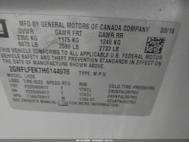 Aukcja sprzedaży 2017 Chevrolet Equinox Lt, vin: 2GNFLFEK7H6144976, numer aukcji: 45165909