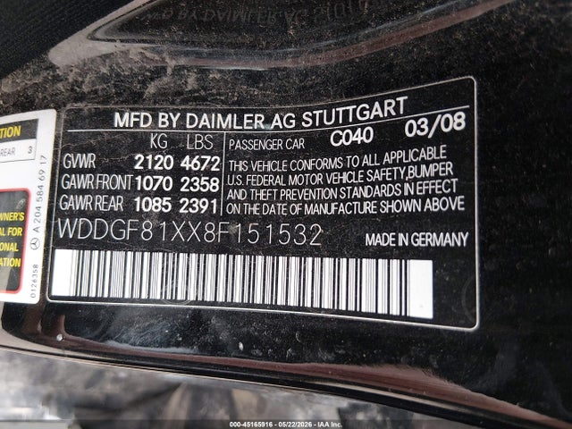 Aukcja sprzedaży 2008 Mercedes-benz C 300 Luxury 4matic/sport 4matic, vin: WDDGF81XX8F151532, numer aukcji: 45165916
