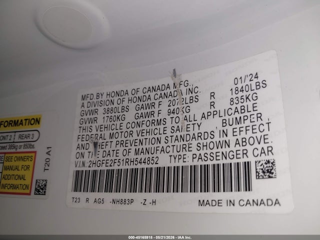 2HGFE2F51RH544852 Honda Civic Sport