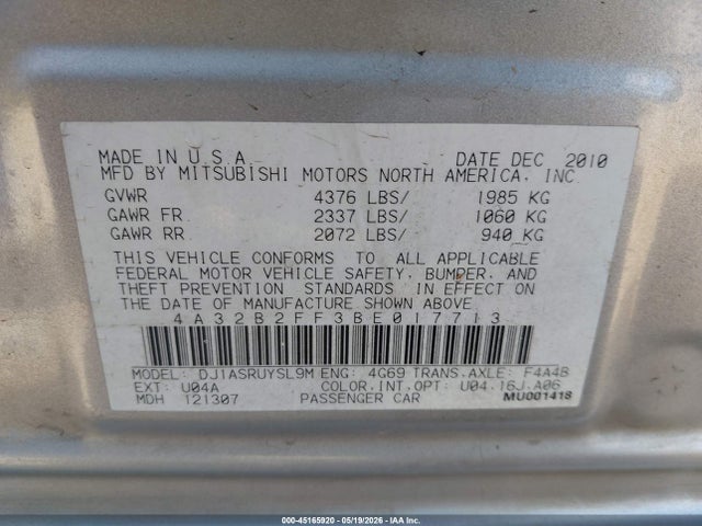 Aukcja sprzedaży 2011 Mitsubishi Galant Fe, vin: 4A32B2FF3BE017713, numer aukcji: 45165920