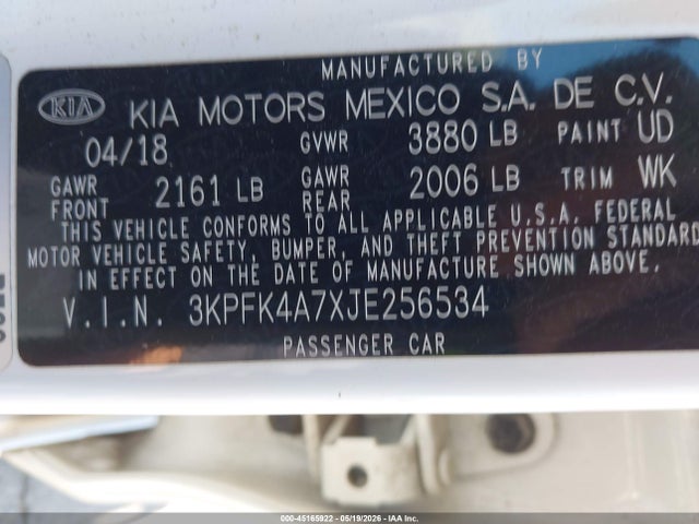 2018 Kia Forte Lx მანქანა იყიდება აუქციონზე, vin: 3KPFK4A7XJE256534, აუქციონის ნომერი: 45165922