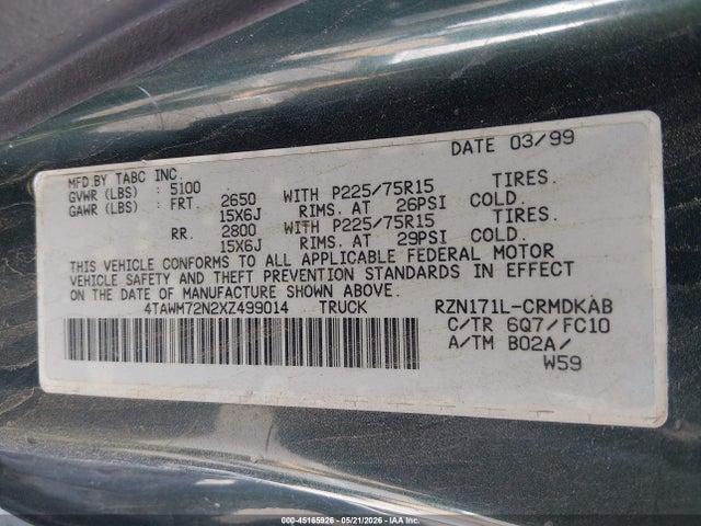 1999 Toyota Tacoma მანქანა იყიდება აუქციონზე, vin: 4TAWM72N2XZ499014, აუქციონის ნომერი: 45165926