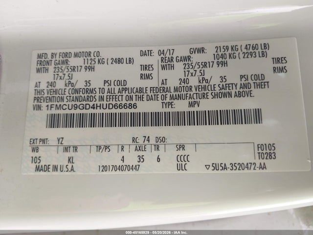 Ford ESCAPE SE 2017 1FMCU9GD4HUD66686 Image 9